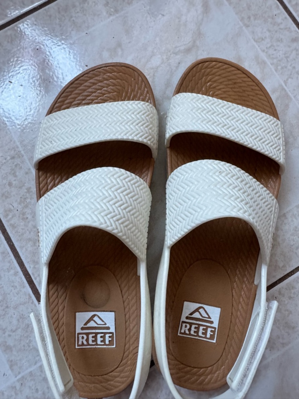 Reef White and Tan Double-Strap Slide Sandals